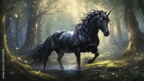 "Majestic Beauty: The Enchanting Black Unicorn in a Magical Forest" © MdRifat