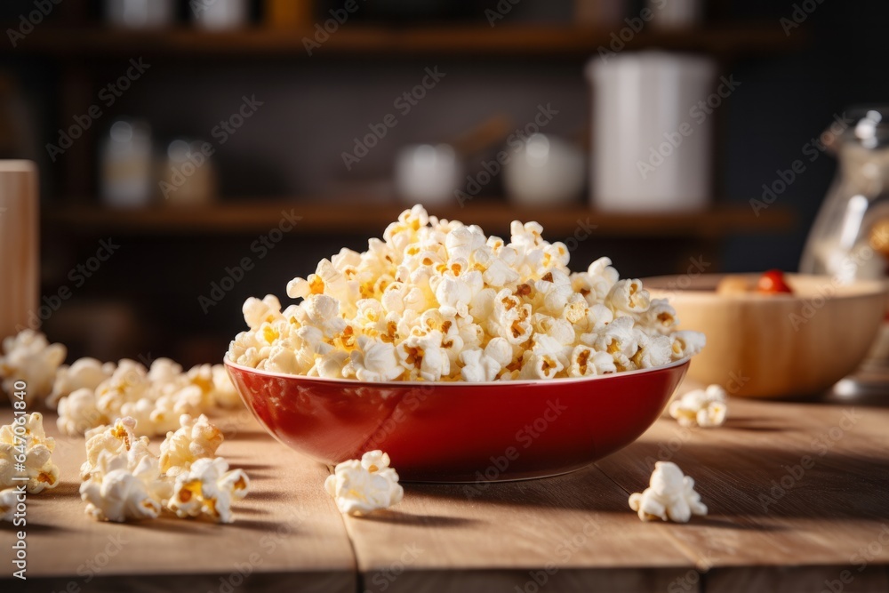 Bowl with popcorn on the kitchen table Bowl with popcorn on the kitchen table