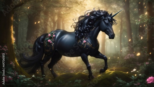 "Majestic Beauty: The Enchanting Black Unicorn in a Magical Forest" © MdRifat