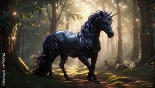  Majestic Beauty  The Enchanting Black Unicorn in a Magical Forest 