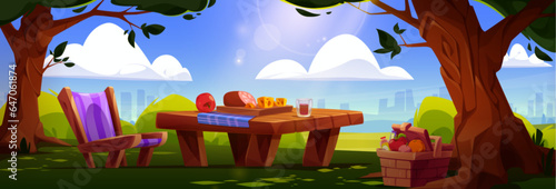 Picnic setup - cartoon table with food, wicker basket and lounge chair in city park under green trees with town skyscrapers on background. Weekend vacation on sunny summer day with lunch in nature.