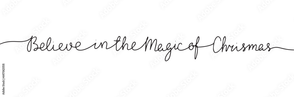 Believe in the magic of Christmas line art handwriting text. Holiday concept banner. One line continuous Christmas text. Vector illustration.