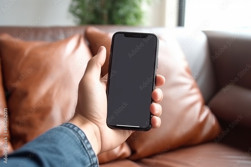 A man's hand holding a cell phone with a sofa chair in the background