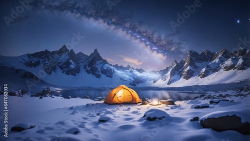 "Radiant Winter Camping: Milky Way Night Sky Over Snowy Mountain Expedition"