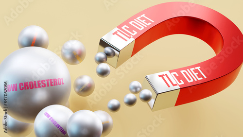 Tlc diet which brings Low cholesterol. A magnet metaphor in which tlc diet attracts multiple parts of low cholesterol. Cause and effect relation between tlc diet and low cholesterol.,3d illustration