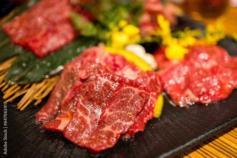 Fresh raw beef in barbecue restaurant