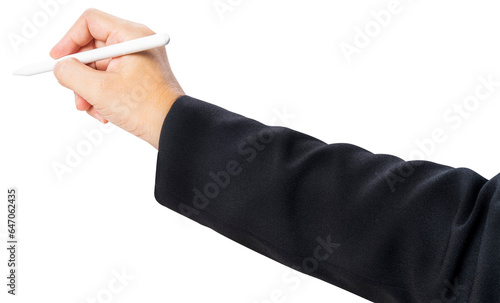 BusinessWoman hand holding Digitalpen up in the air on white background, woman hand holding pen signing on the air isolate on white PNG File.