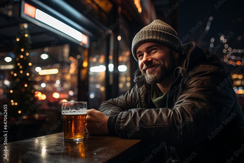Man drinking beer in bar terrace in winter day