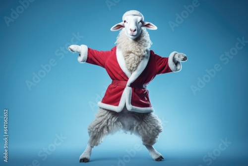 Sheep wearing Christmas clothes dancing on blue background