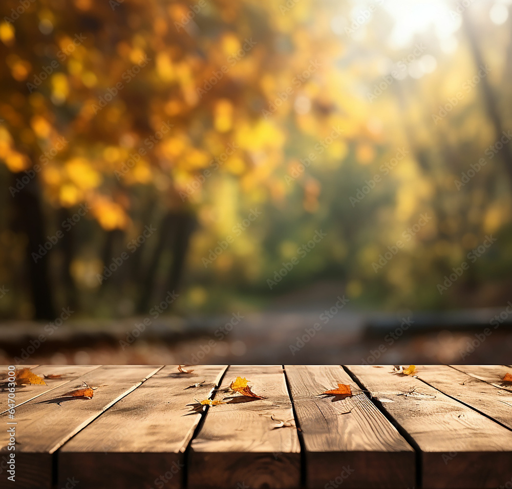The empty rustic wooden table for product display with blur background of autumn forest. Made with generative ai The empty rustic wooden table for product display with blur background of autumn forest. Made with generative ai