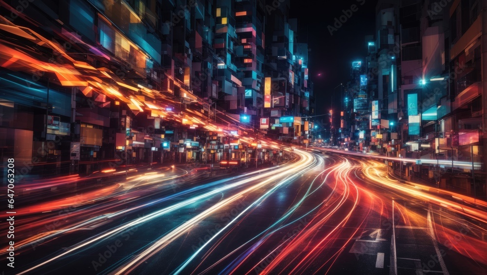 Abstract image of vibrant night traffic light trails weaving through the cityscape, capturing the dynamic movement of car lights streaking across the urban landscape.