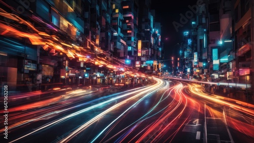 Abstract image of vibrant night traffic light trails weaving through the cityscape, capturing the dynamic movement of car lights streaking across the urban landscape.