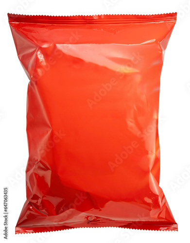 Food Packaging, Foil and plastic snack bags mockup isolated on white background, Orange colored pillow packages for food production on White PNG File.