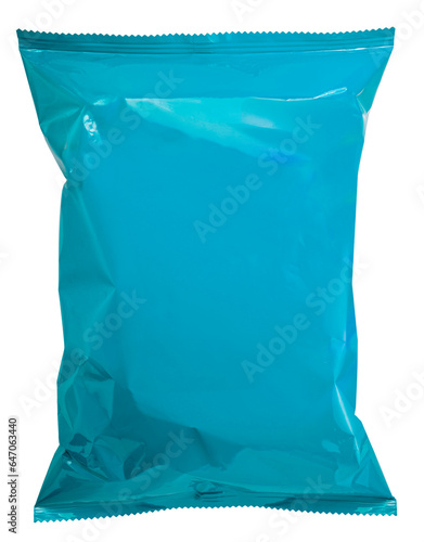 Food Packaging, Foil and plastic snack bags mockup isolated on white background, Bluecolored pillow packages for food production on White PNG File. photo