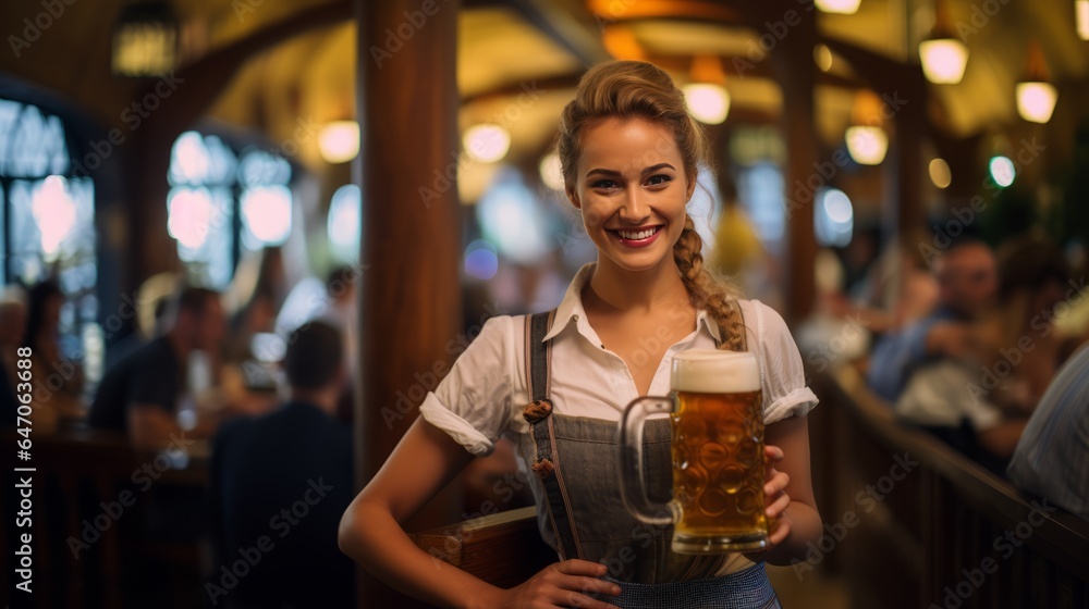 Serving Smiles: A Waitress's Grace with Beer at Oktoberfest