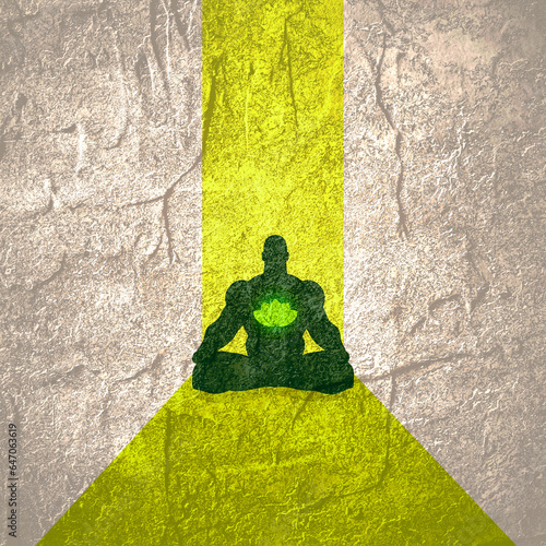 Muscular man sit in meditation pose. Cutout silhouette. Lotus flower icon