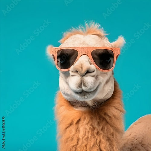 A camel wearing sunglasses, adding a touch of humor and style to its desert demeanor.