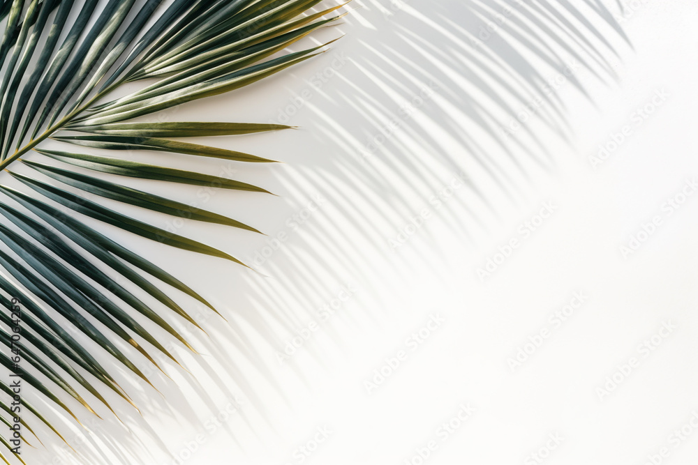 Fototapeta premium Palm tree shadow on white sand background. Summer holiday.