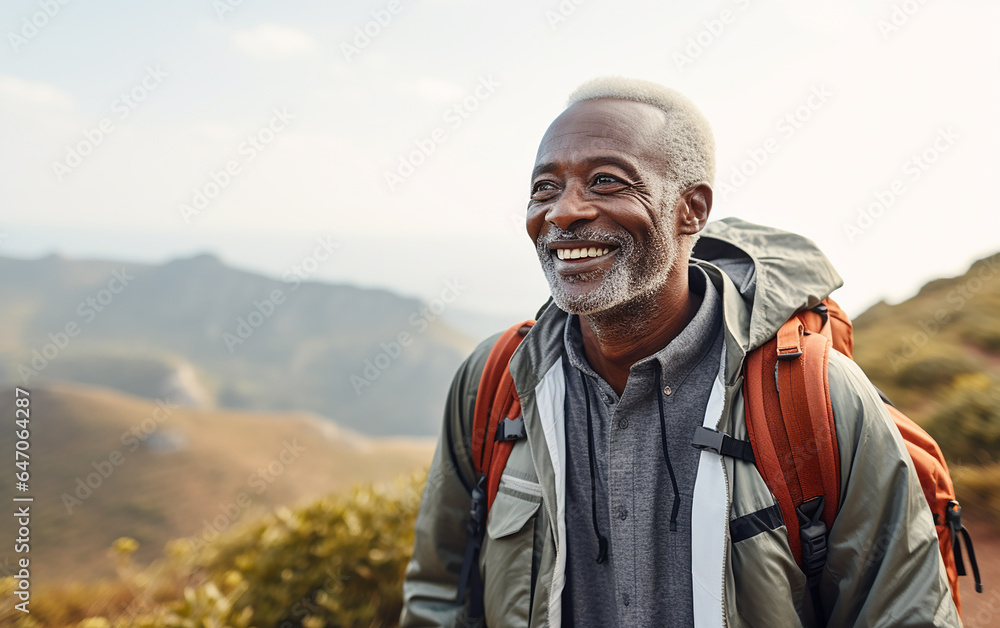 Black african american dark-skinned happy senior man hiking outdoors. Fitness walking and forest travel journey. Active senior person concept Black african american dark-skinned happy senior man hiking outdoors. Fitness walking and forest travel journey. Active senior person concept
