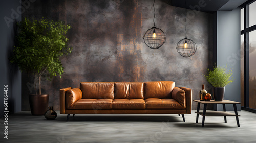 Brown leather sofa against tiled mosaic wall. Loft interior design of modern living room © master graphics 