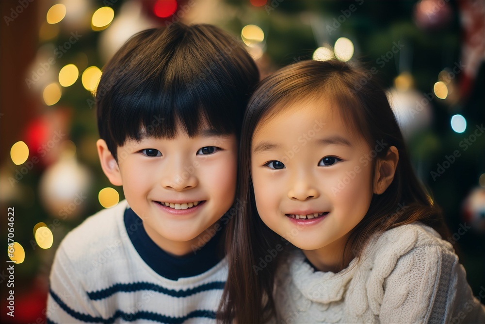 Φωτογραφία 12月のクリスマスを楽しむ日本人の子供たち（アジア人・兄弟・姉妹）