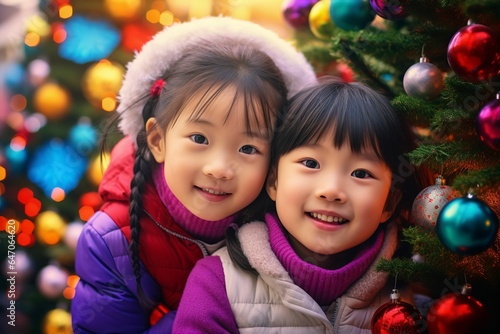 12月のクリスマスを楽しむ日本人の子供たち（アジア人・兄弟・姉妹）