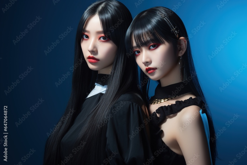 Portrait of two beautiful asian women in Fashion outfits on blue background Portrait of two beautiful asian women in Fashion outfits on blue background
