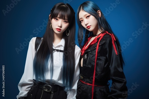 Portrait of two beautiful asian women in Fashion outfits on blue background