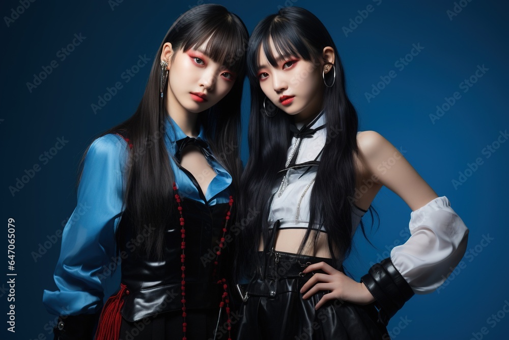 Portrait of two beautiful asian women in Fashion outfits on blue background Portrait of two beautiful asian women in Fashion outfits on blue background