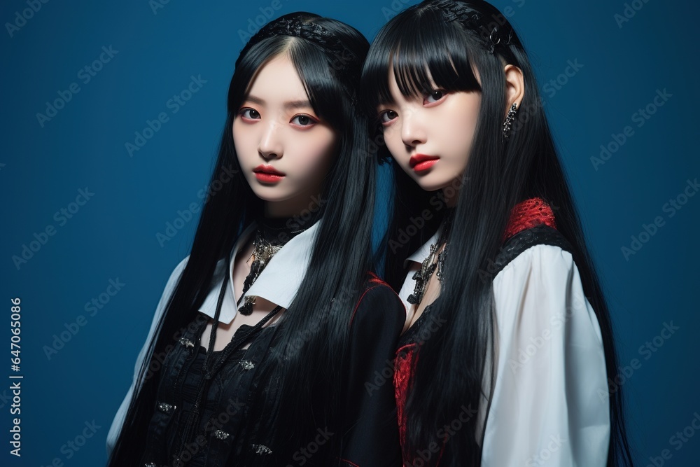 Portrait of two beautiful asian women in Fashion outfits on blue background Portrait of two beautiful asian women in Fashion outfits on blue background