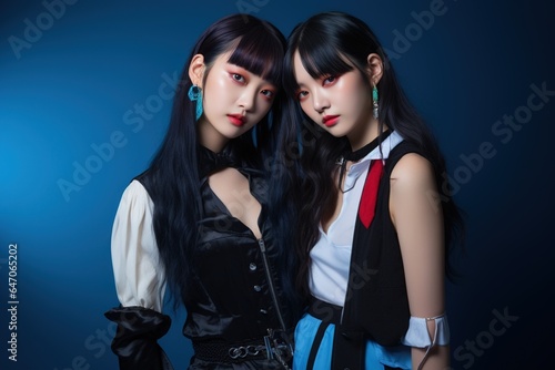 Portrait of two beautiful asian women in Fashion outfits on blue background