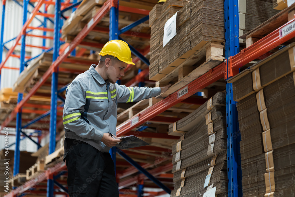 Male warehouse worker working and inspecting quality of cardboard in corrugated carton boxes warehouse storage. Male warehouse worker inspecting quality of barcodes on shelves pallet in warehouse Male warehouse worker working and inspecting quality of cardboard in corrugated carton boxes warehouse storage. Male warehouse worker inspecting quality of barcodes on shelves pallet in warehouse