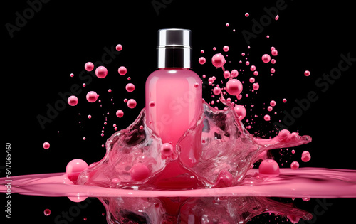 Cosmetic essence liquid, pink bubbles molecules, beauty product mock up