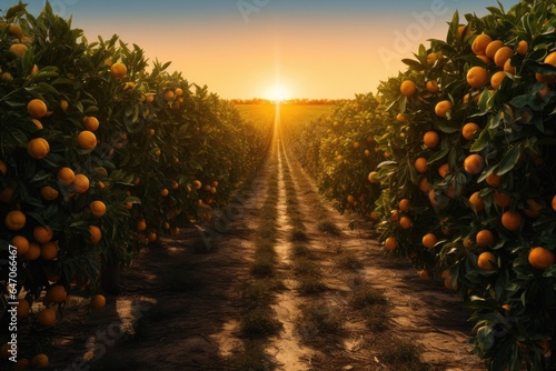 Photographie Generative ai of orange grove and lush orange trees