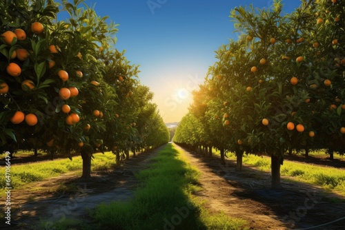 Generative ai of orange grove and lush orange trees. Thick and dense, stretching to the horizon.