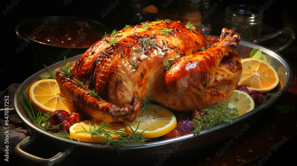 Delicious roasted holiday turkey baked in the oven with oranges or grilled chicken poultry with a fragrant crispy crust lies on a plate on the table Delicious roasted holiday turkey baked in the oven with oranges or grilled chicken poultry with a fragrant crispy crust lies on a plate on the table