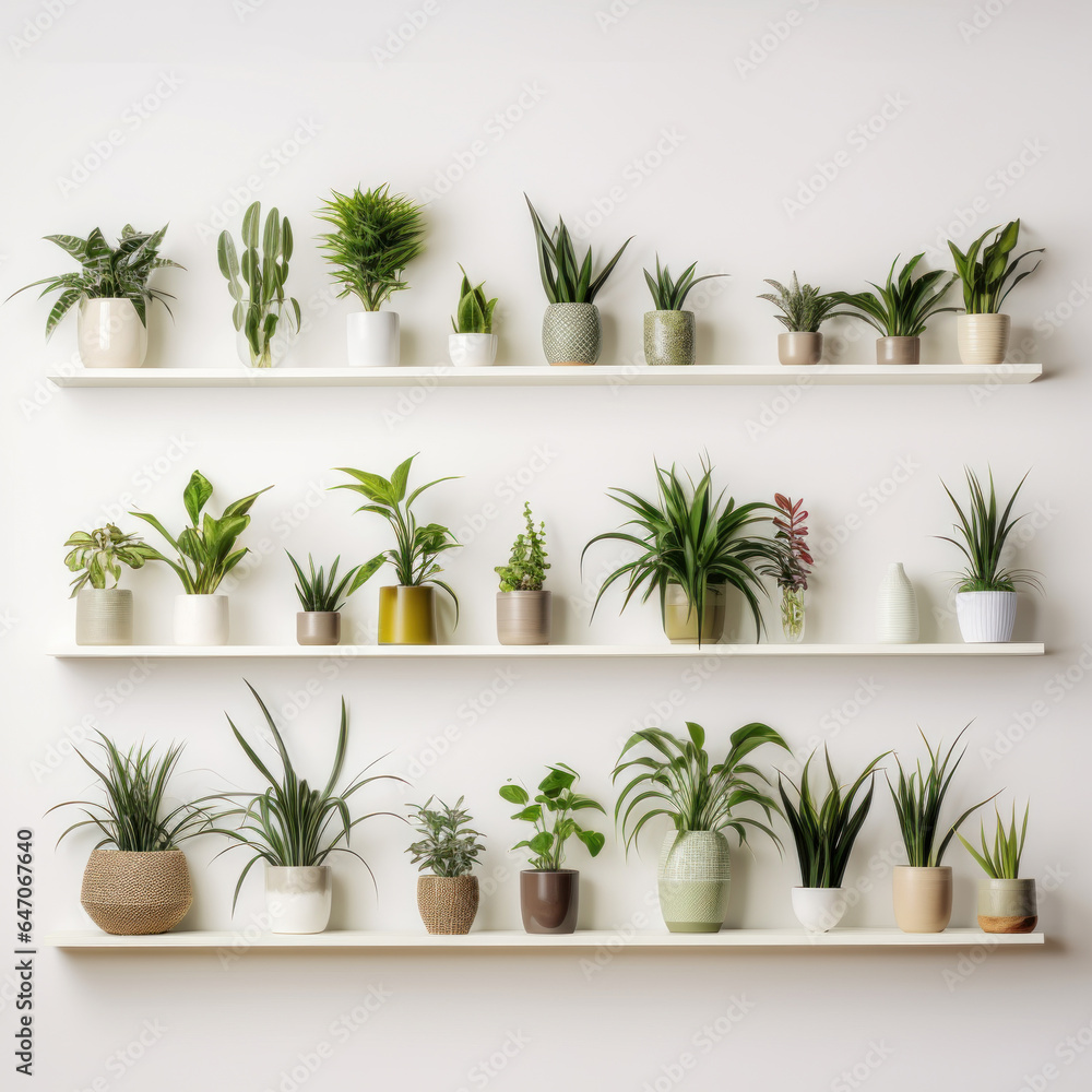 Collection of various houseplants displayed in ceramic pots with transparent background. Potted exotic house plants on white shelf against white wall. Home garden banner