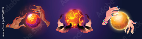 Magic energy balls in witch hands set isolated on background. Vector cartoon illustration of female fingers holding fantasy crystals, fortunetelling ritual, evil witchcraft accessory, design element