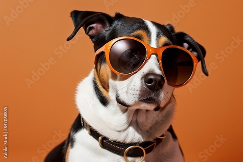 Stylish Dog with Sunglasses on Vibrant Orange Background