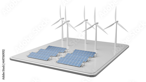 Solar panel and wind turbine isolated white background, isometric 3D rendering.