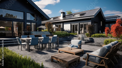 a home with large outdoor furniture in the afternoon, A modern outdoor living room, with sofa and table, generative ai