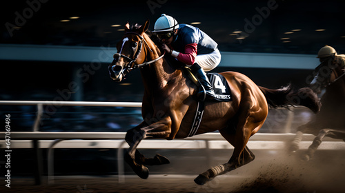Close up Race horses with jockeys at the racetrack, horses with jockeys running towards finish line. © AspctStyle