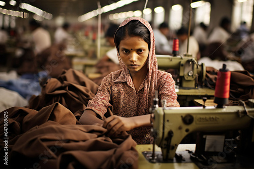 Portrait of young girl sewing clothing in Multinacional Factory , precarious jobs, poor work condition, exploitation and fast fashion concept photo