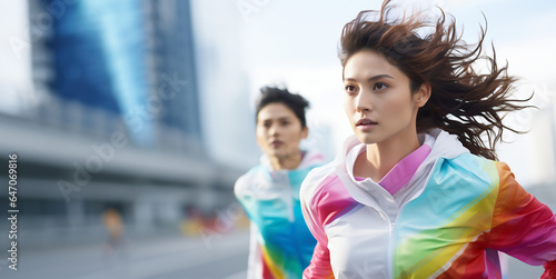 虹色のスポーツウェアを着て走るマラソン、陸上イメージ。自由を獲得、LGBTQイメージ。生成AI photo