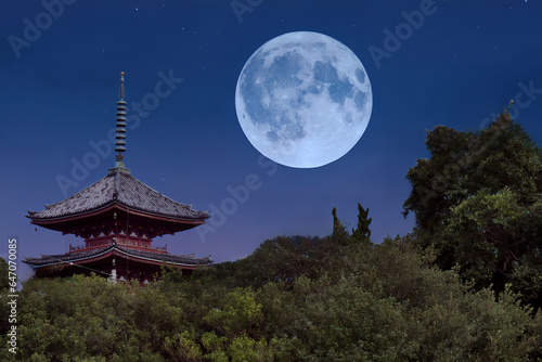 志渡寺　四国霊場86番札所の五重塔と中秋の名月