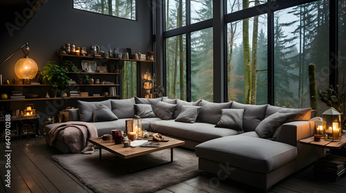 Grey corner sofa against big window. Minimalist interior design of modern living room in country house in forest