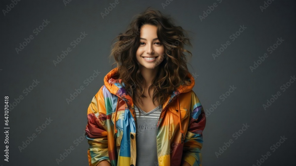 A confident American woman with a stylish colorful shirt, curly brunette hair, and a dark background, radiating happiness and positivity in a cheerful studio portrait. A confident American woman with a stylish colorful shirt, curly brunette hair, and a dark background, radiating happiness and positivity in a cheerful studio portrait.