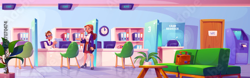 Bank office room inside interior with counter vector. Atm cash service in lobby. Financial department with man worker indoor. Employee table for computer, customer waiting area near clerk workplace
