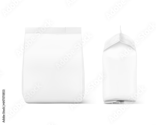 Realistic packaging bag mockup. Front and rear views. Vector illustration isolated on white background. Ready for use in presentation, promo, advertising on any backgrounds. EPS10.