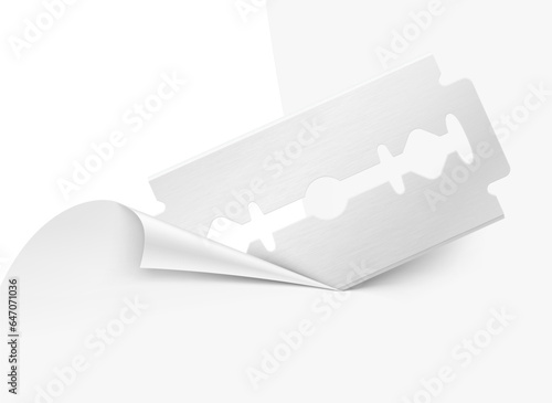 Realistic double edge safety razor blade cuts the paper sheet. Easy to use for your project. Vector illustration. Perfect to your design. EPS10.	